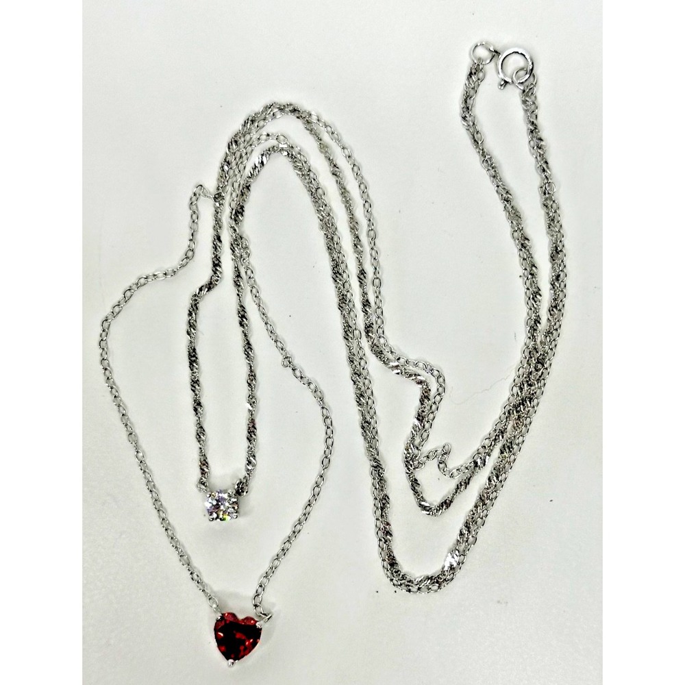 Sterling Silver Layered Necklace Red heart Cubic Zirconia 925 15" and 17"